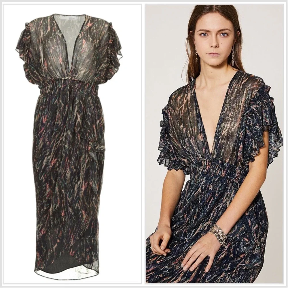 NEW IRO Gargas Wrap-effect Ruffled Printed lurex Sheer MIDI Dress - Picture 13 of 15